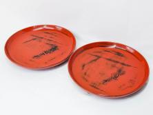 時代物　根来塗　欅(ケヤキ)材　味わい深いお膳2客セット(丸膳、丸盆、木製、朱塗、漆芸、漆器)(R-079693)