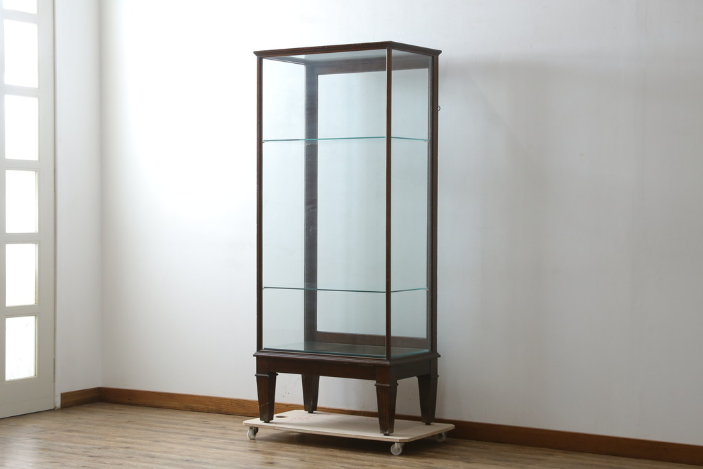 イギリスアンティーク　Dudley&Co.Ltd.　HOLLOWAY.LONDON.　N.7.　マホガニー材　落ち着きのある佇まいが上品な縦型ガラスケース(ショーケース、Gケース、陳列棚、飾り棚、コレクションケース、キャビネット、店舗什器、英国)(R-079728)