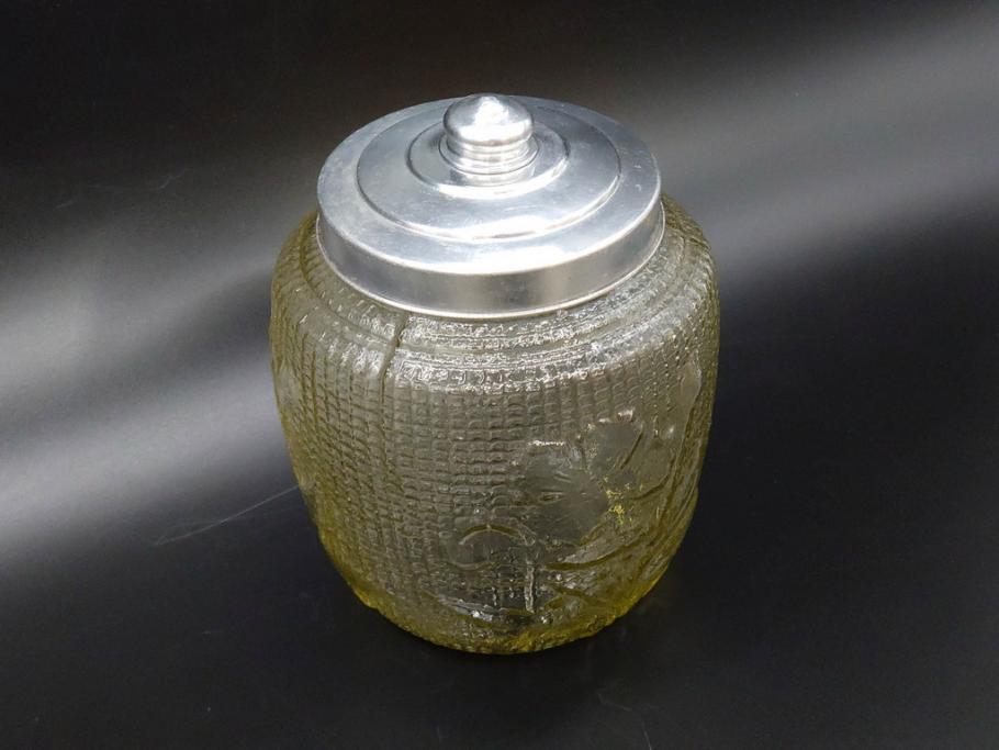 戦前　大正～昭和初期　花のデザインが魅力のあめや瓶(菓子瓶、砂糖壷、キャンディーポット、ガラス瓶、ガラスビン、蓋(フタ)付き、ペロペロ、飴屋)(R-076769)