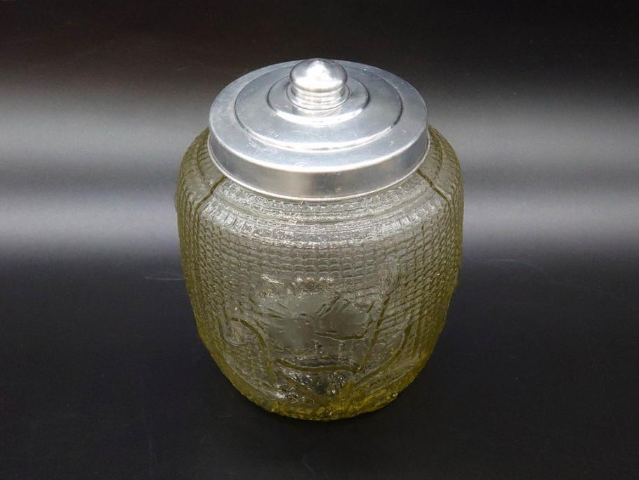 戦前　大正～昭和初期　花のデザインが魅力のあめや瓶(菓子瓶、砂糖壷、キャンディーポット、ガラス瓶、ガラスビン、蓋(フタ)付き、ペロペロ、飴屋)(R-076769)