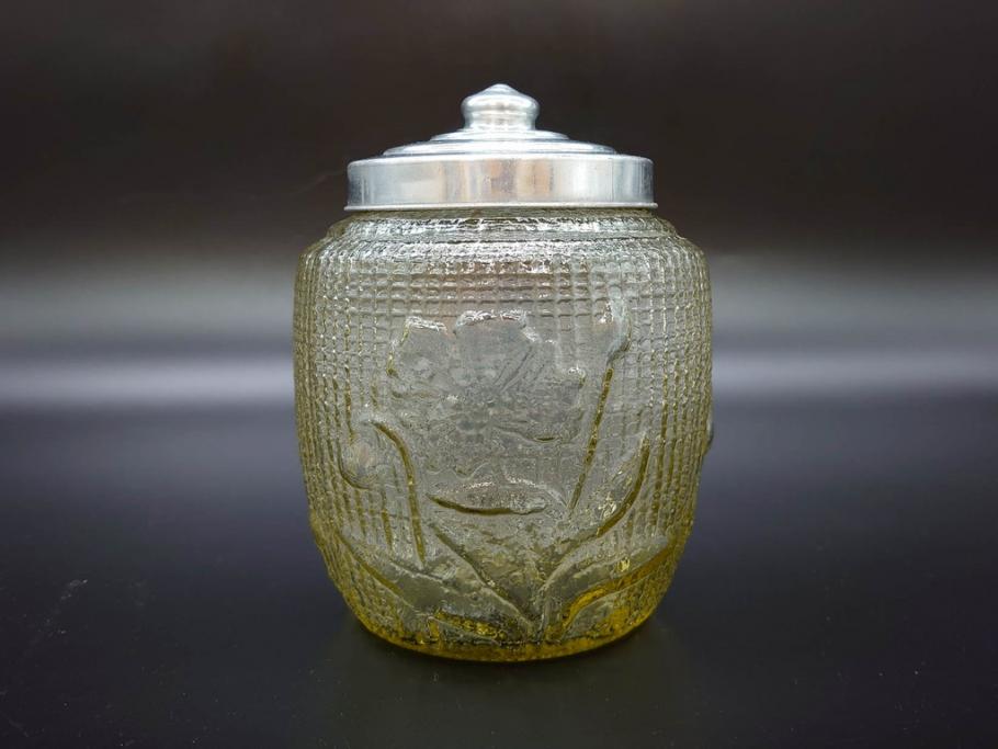 戦前　大正～昭和初期　花のデザインが魅力のあめや瓶(菓子瓶、砂糖壷、キャンディーポット、ガラス瓶、ガラスビン、蓋(フタ)付き、ペロペロ、飴屋)(R-076769)