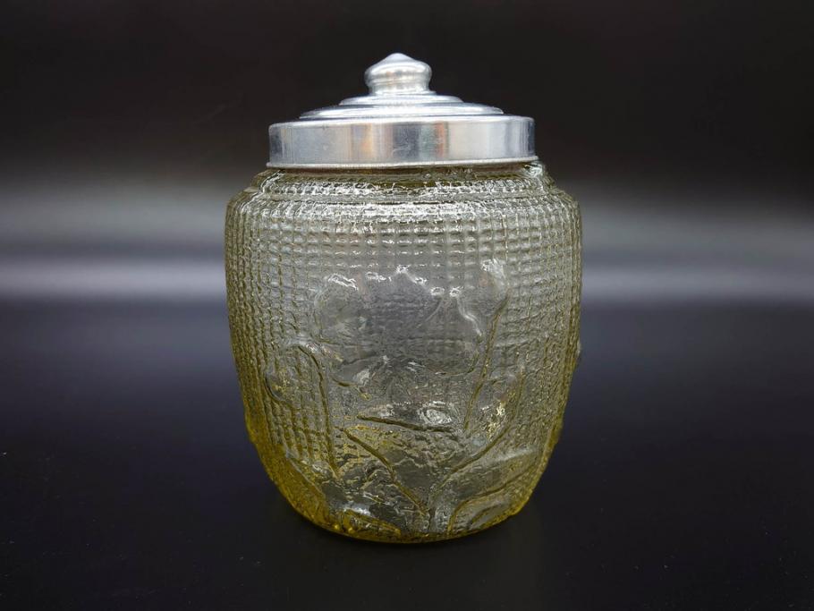 戦前　大正～昭和初期　花のデザインが魅力のあめや瓶(菓子瓶、砂糖壷、キャンディーポット、ガラス瓶、ガラスビン、蓋(フタ)付き、ペロペロ、飴屋)(R-076769)