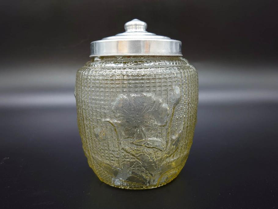 戦前　大正～昭和初期　花のデザインが魅力のあめや瓶(菓子瓶、砂糖壷、キャンディーポット、ガラス瓶、ガラスビン、蓋(フタ)付き、ペロペロ、飴屋)(R-076769)