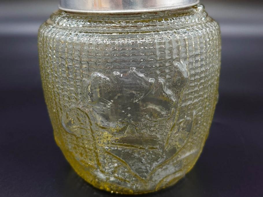 戦前　大正～昭和初期　花のデザインが魅力のあめや瓶(菓子瓶、砂糖壷、キャンディーポット、ガラス瓶、ガラスビン、蓋(フタ)付き、ペロペロ、飴屋)(R-076769)