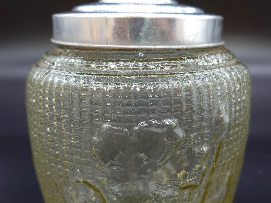 戦前　大正～昭和初期　花のデザインが魅力のあめや瓶(菓子瓶、砂糖壷、キャンディーポット、ガラス瓶、ガラスビン、蓋(フタ)付き、ペロペロ、飴屋)(R-076769)