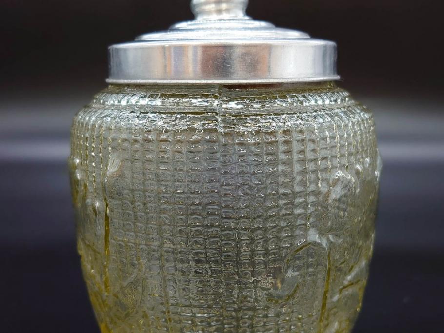 戦前　大正～昭和初期　花のデザインが魅力のあめや瓶(菓子瓶、砂糖壷、キャンディーポット、ガラス瓶、ガラスビン、蓋(フタ)付き、ペロペロ、飴屋)(R-076769)