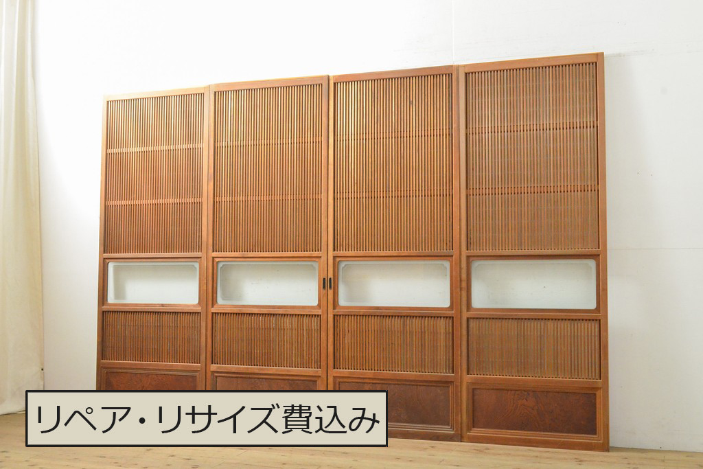アンティーク建具　昭和初期　高級品!　幅狭タイプ　和の雰囲気を高める裏障子付き格子戸4枚セット(帯ガラス戸、引き戸、障子戸、建具)(R-059288)