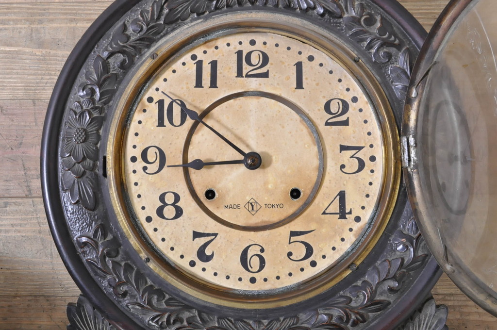 和製アンティーク　精工舎(SEIKOSHA、セイコー)　MADE(Y)TOKYO　ハノイ万博　EXPOSITION DE HANOI　繊細な彫刻が素敵な掛け時計(柱時計、古時計、振り子時計)(R-072437)