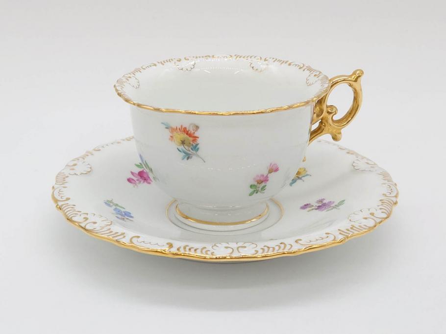 ドイツ　マイセン　Meissen　金彩　散らし小花　シェルエッジ　細やかな意匠に気品を感じるカップ&ソーサー(洋食器、C&S)(R-074603)