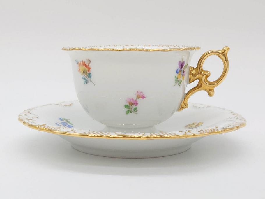 ドイツ　マイセン　Meissen　金彩　散らし小花　シェルエッジ　細やかな意匠に気品を感じるカップ&ソーサー(洋食器、C&S)(R-074603)