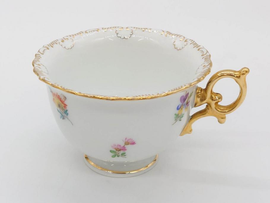 ドイツ　マイセン　Meissen　金彩　散らし小花　シェルエッジ　細やかな意匠に気品を感じるカップ&ソーサー(洋食器、C&S)(R-074603)