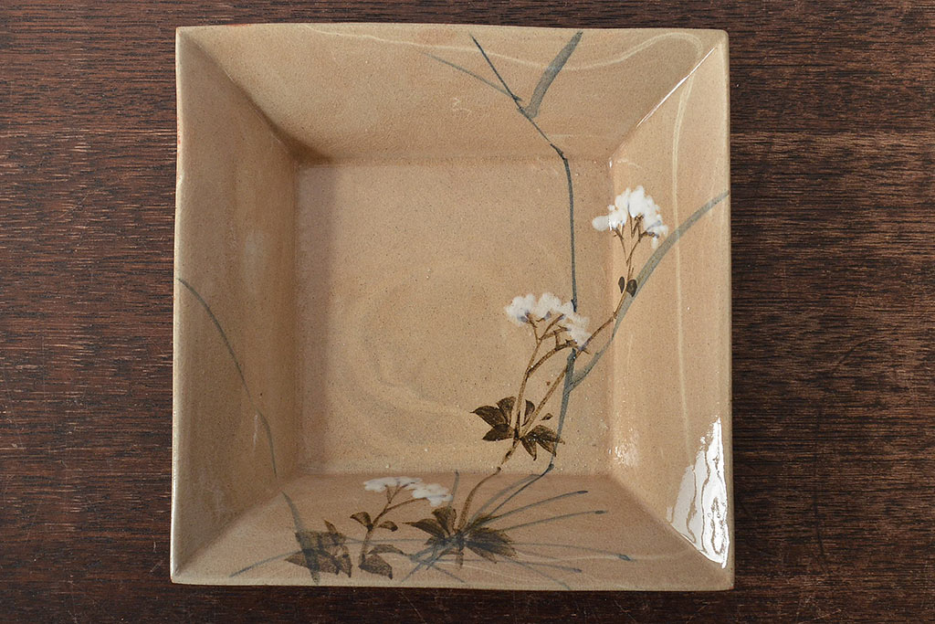 乾山銘　角皿5枚(写し?、図変り、草花文、茶道具、和食器)(R-045264)