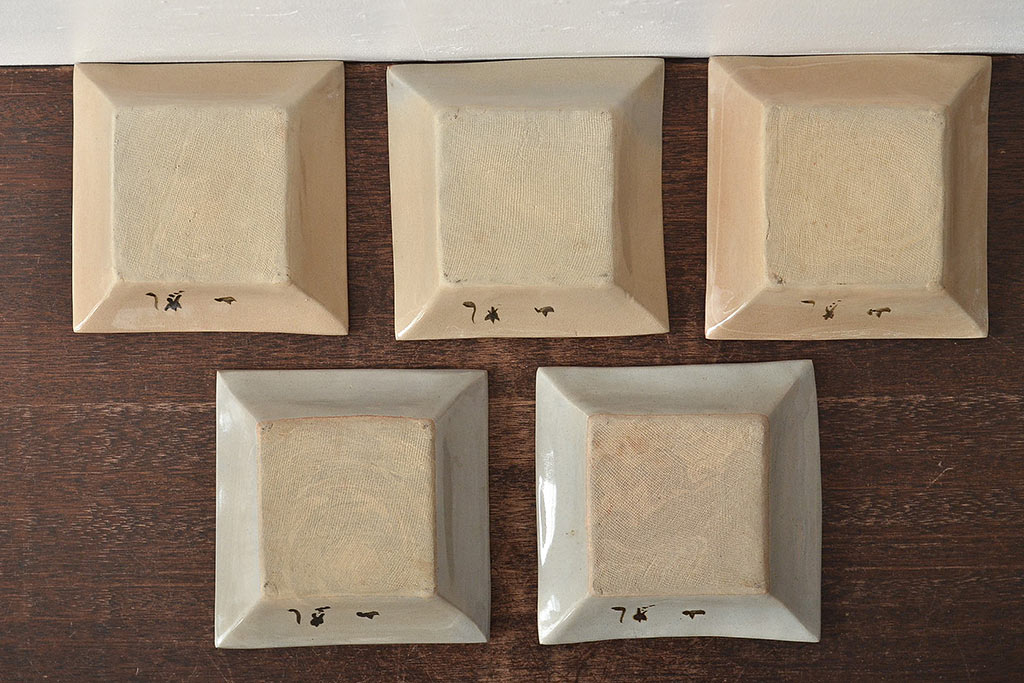 乾山銘　角皿5枚(写し?、図変り、草花文、茶道具、和食器)(R-045264)