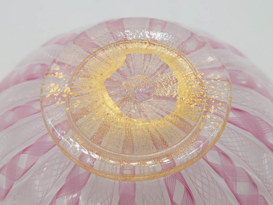 イタリア　ムラノガラス　ベネチアンガラス　レース柄　ピンク　美しく細やかな技法が目を惹くボウル(ムラーノガラス、菓子皿、深皿、鉢、サラダボウル、ヴェネチアンガラス)(R-074606)