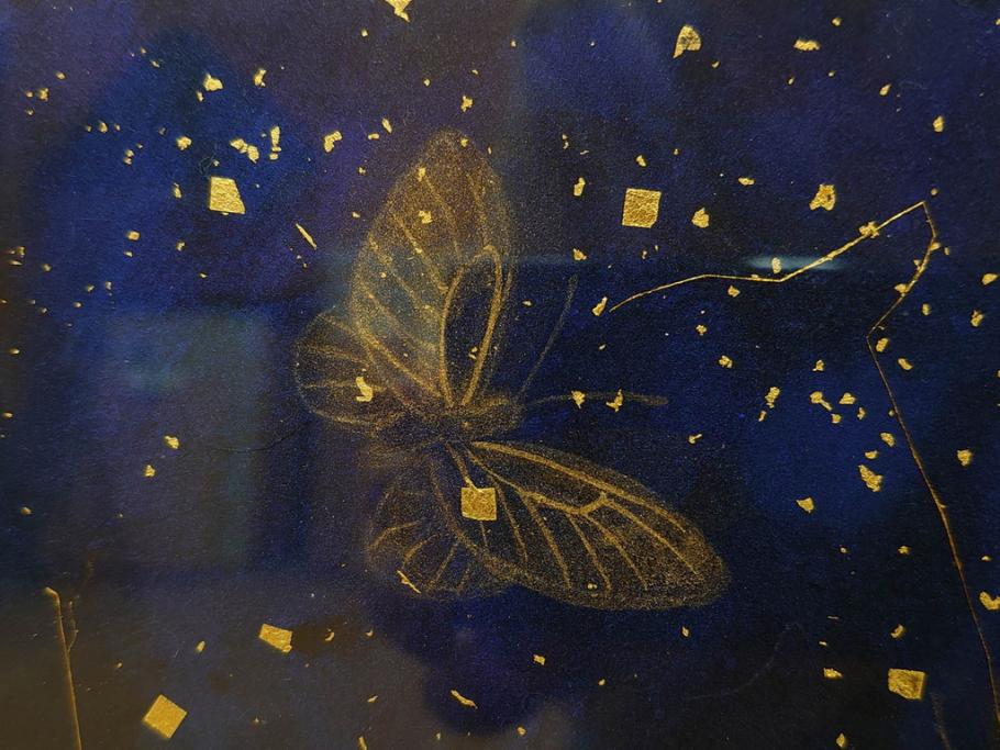 真作　現代日本画家　大竹寛子　「Psyche -gold butterfly- Vol.4」　M6(6号)(生命としての蝶、プシュケー、絵画、額装、共シール、箱付き)(R-074609)