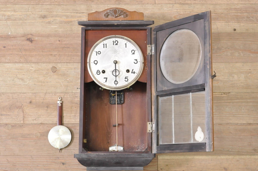 和製アンティーク　HIBINO CLOCK(日比野時計)　TRADE(H)MARK(トレードマーク)　色のコントラストが素敵な掛け時計(柱時計、古時計、振り子時計)(R-072188)