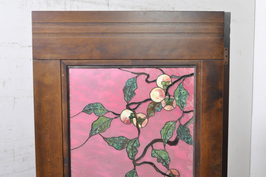 中古　美品　ステンドグラス作家　川島政則作　「茜雲」　柔らかなピンク色と柿の描写に引き込まれる屏風(パーテーション、衝立て、衝い立て、つい立て、間仕切り、折りたたみ)(定価約88万円)(R-072079)