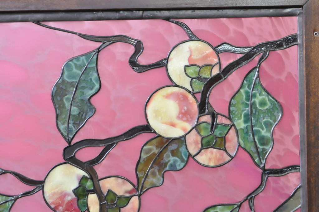 中古　美品　ステンドグラス作家　川島政則作　「茜雲」　柔らかなピンク色と柿の描写に引き込まれる屏風(パーテーション、衝立て、衝い立て、つい立て、間仕切り、折りたたみ)(定価約88万円)(R-072079)