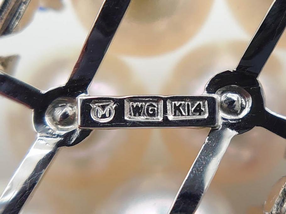 MIKIMOTO(ミキモト)　真珠　パール　K14(14金)　WG(ホワイトゴールド)　流れるようなデザインが優美な帯留め(白色金、帯締め、着物道具、アクセサリー、和装小物、紐付き、ケース付き)(R-079732)