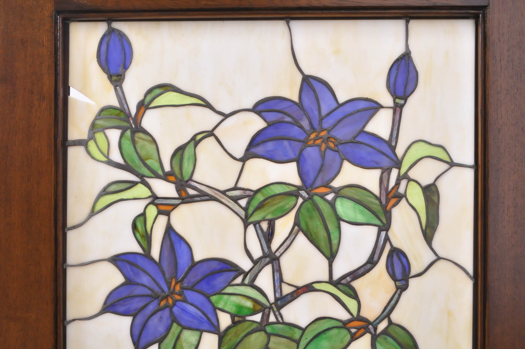 中古　高級品!!　ナラ材フレーム　4種の花のデザインが豪華! 彫刻とステンドグラスが美しいパーテーション(衝立て、衝い立て、つい立て、間仕切り、折りたたみ)(R-072080)