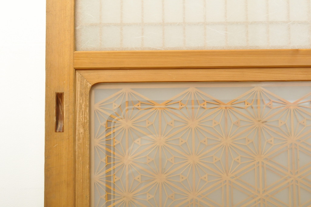 中古　美品　最高級　シンメトリーなデザインが目を引く組子入りガラス帯戸2枚セット(帯戸、引き戸、ガラス戸、建具)(R-059305)