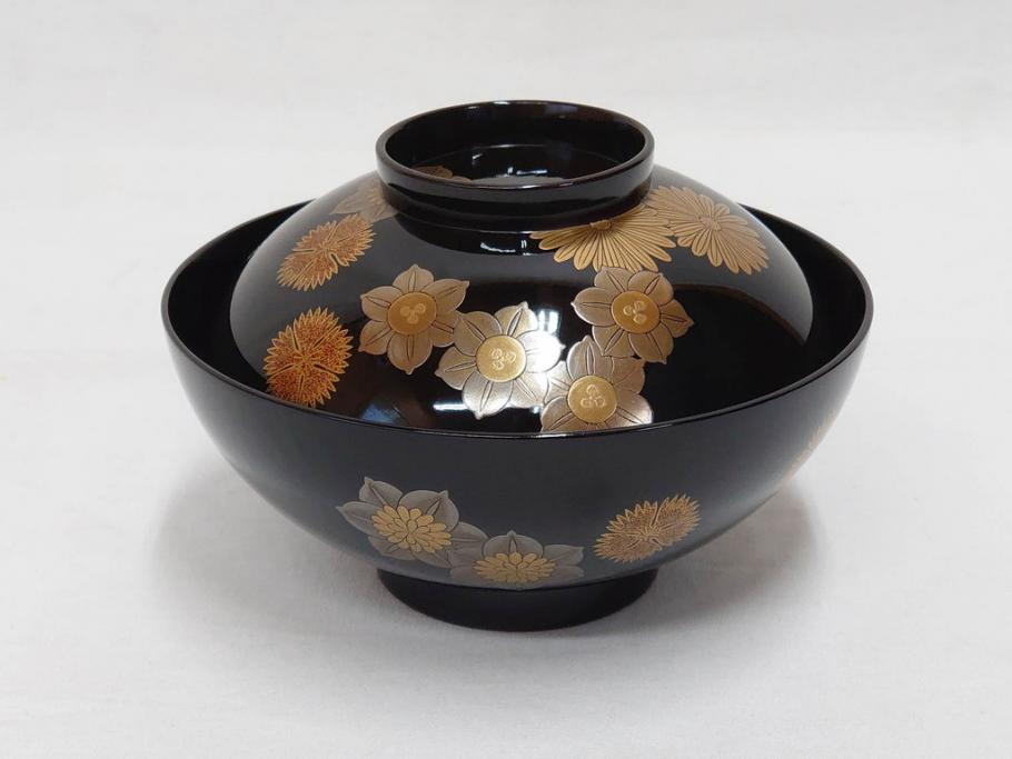 輪島塗　花寄　約14cm　4.6寸　丁寧に描かれた蒔絵が上品な雰囲気を高める吸物椀10客セット(お椀、漆器、和食器、黒漆、共箱付き、四寸六分)(R-074600)