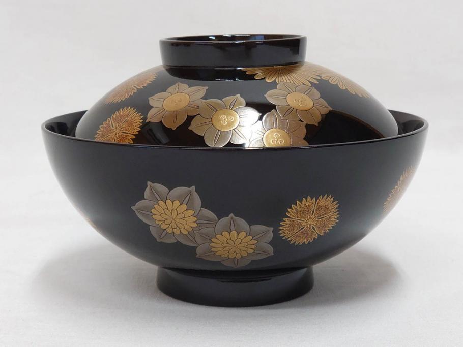 輪島塗　花寄　約14cm　4.6寸　丁寧に描かれた蒔絵が上品な雰囲気を高める吸物椀10客セット(お椀、漆器、和食器、黒漆、共箱付き、四寸六分)(R-074600)