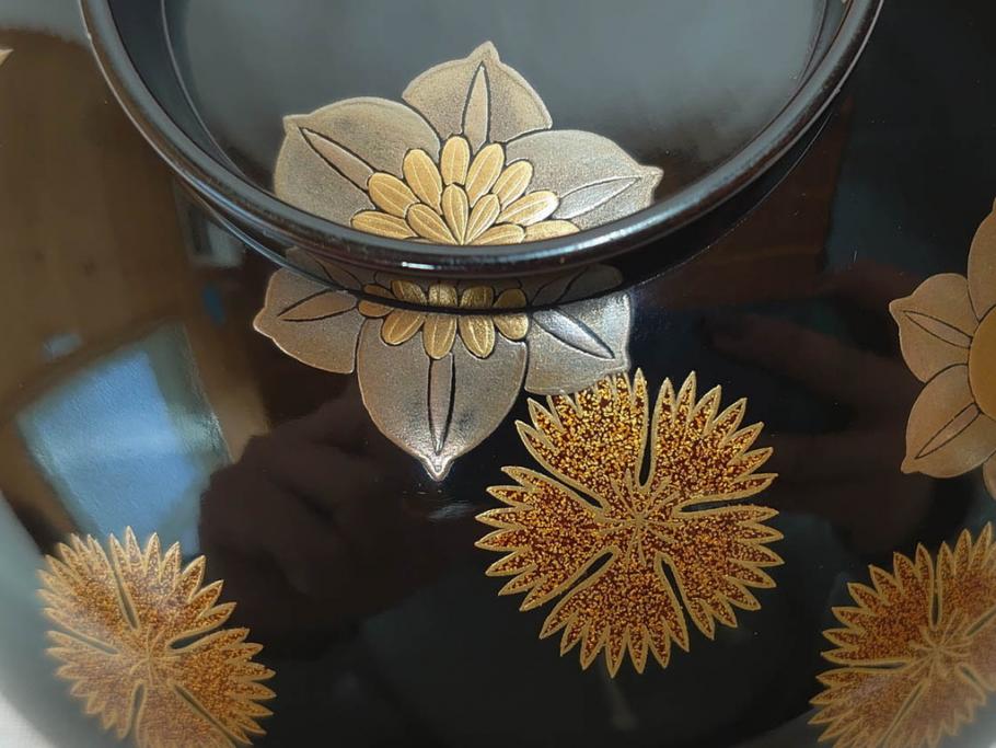 輪島塗　花寄　約14cm　4.6寸　丁寧に描かれた蒔絵が上品な雰囲気を高める吸物椀10客セット(お椀、漆器、和食器、黒漆、共箱付き、四寸六分)(R-074600)