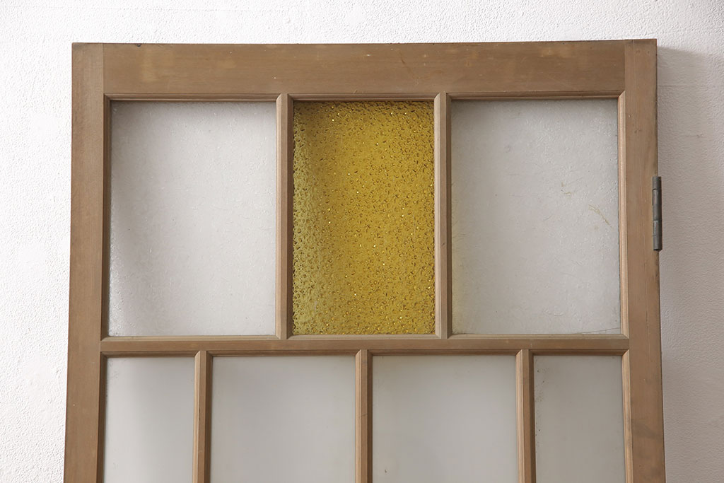 アンティーク建具　大正ロマン　水色と黄色がかわいいアクセント　色ガラス入りガラス扉1枚(ドア、ガラス戸、建具)(R-054191)