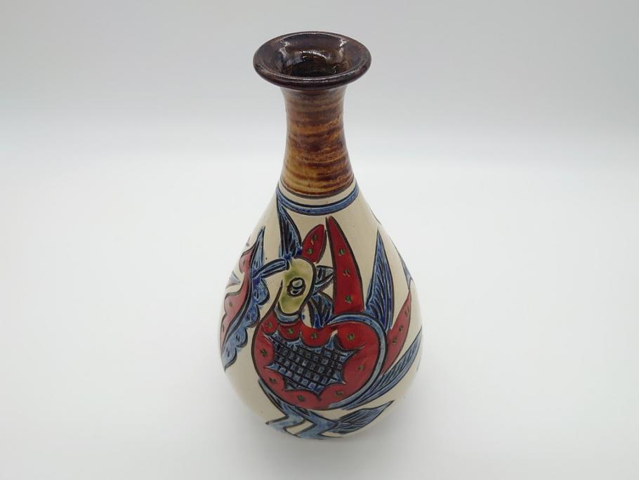 琉球陶器 壺屋焼 褐釉掻き落とし花文壺 時代箱 C 7752C 美術