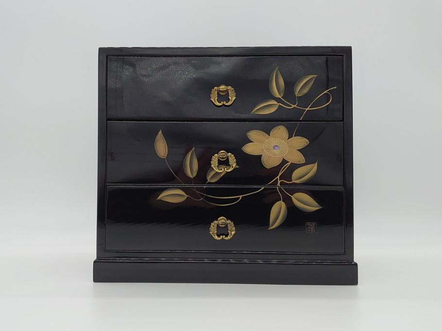中古 伝統工芸 輪島塗り 凝ったデザインの引手金具と品のある花の絵柄