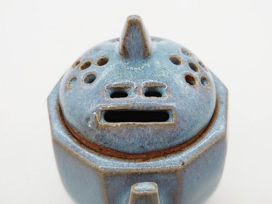 中里重利　鈞窯　水色の釉薬に魅せられる香炉(三玄窯、香爐、唐津焼、仏具、茶道具、落款印、共箱付き)(R-079747)