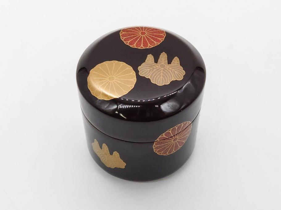 八代 中村宗哲　菊桐蒔絵　雅な美しさのある茶入(花、金彩、漆器、木製、茶入れ、茶筒、茶道具、茶器、又妙斎書付、共箱付き)(R-079748)