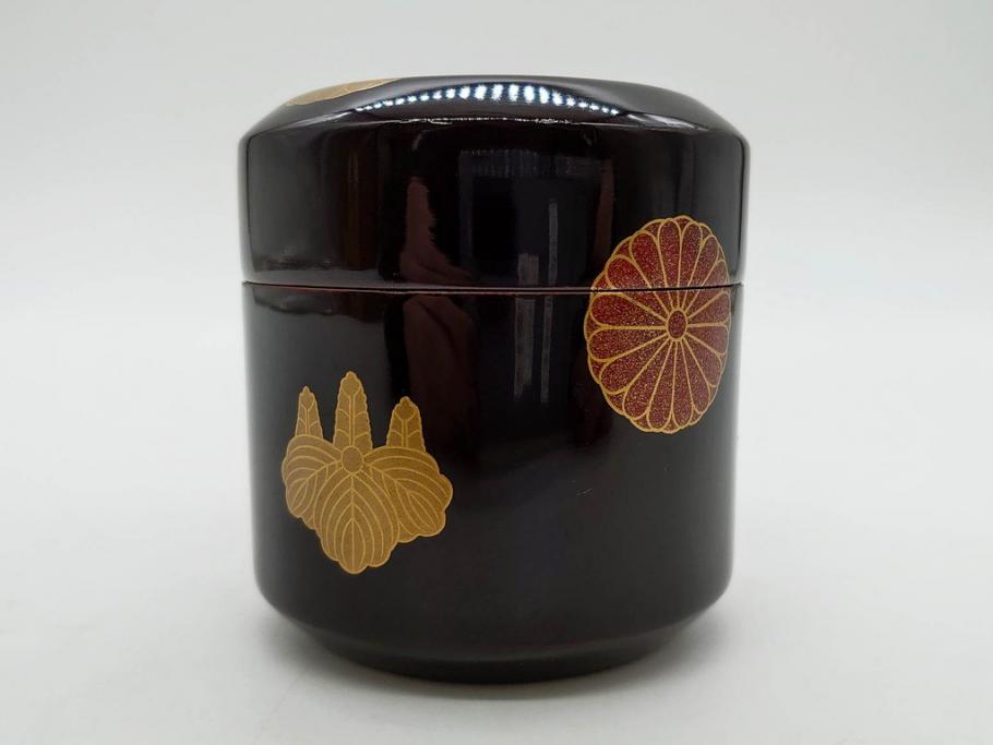 八代 中村宗哲　菊桐蒔絵　雅な美しさのある茶入(花、金彩、漆器、木製、茶入れ、茶筒、茶道具、茶器、又妙斎書付、共箱付き)(R-079748)
