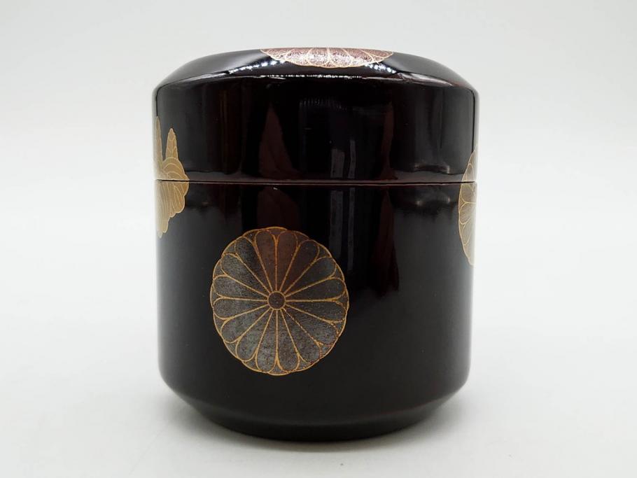 八代 中村宗哲　菊桐蒔絵　雅な美しさのある茶入(花、金彩、漆器、木製、茶入れ、茶筒、茶道具、茶器、又妙斎書付、共箱付き)(R-079748)