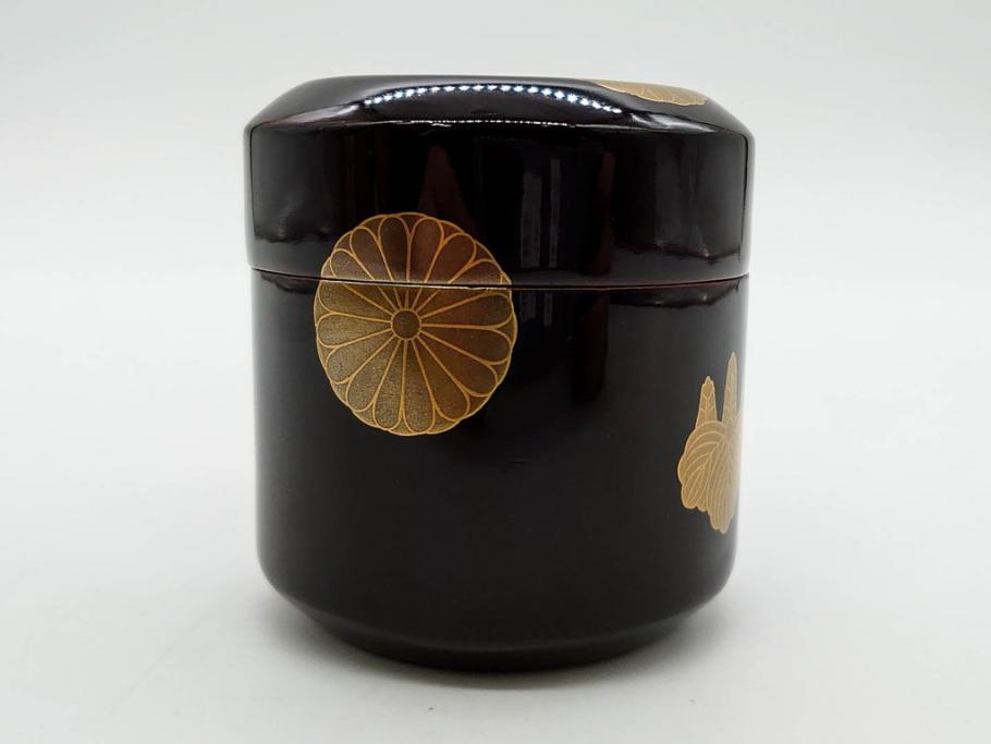 八代 中村宗哲　菊桐蒔絵　雅な美しさのある茶入(花、金彩、漆器、木製、茶入れ、茶筒、茶道具、茶器、又妙斎書付、共箱付き)(R-079748)