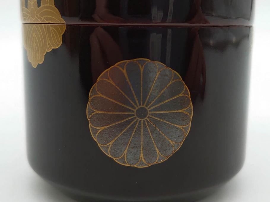 八代 中村宗哲　菊桐蒔絵　雅な美しさのある茶入(花、金彩、漆器、木製、茶入れ、茶筒、茶道具、茶器、又妙斎書付、共箱付き)(R-079748)