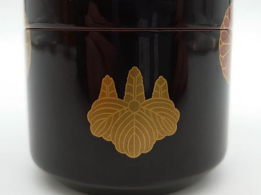 八代 中村宗哲　菊桐蒔絵　雅な美しさのある茶入(花、金彩、漆器、木製、茶入れ、茶筒、茶道具、茶器、又妙斎書付、共箱付き)(R-079748)
