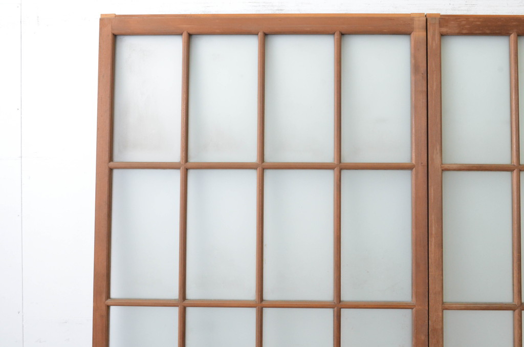 アンティーク建具　両面面取りの上質なガラス戸2枚セット(引き戸、格子戸、マス目)(R-065481)
