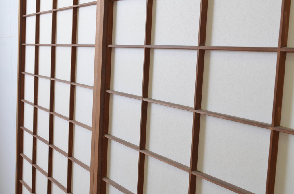 アンティーク建具　　腰板柾目に横桟の入った障子戸2枚セット(引き戸)(R-065484)