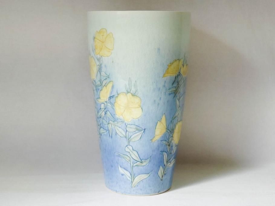 三浦シュレイ　月見草　繊細な絵柄と美しい色彩に魅了される花瓶(朱鈴、しゅ鈴、朱鈴、花器、花入、共箱付き)(R-074615)
