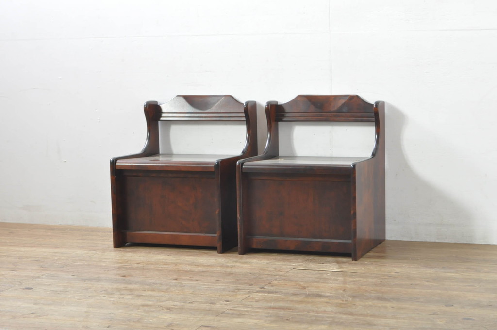 中古　美品　山室家具製作所　民芸家具　北の匠　木のぬくもりを感じる収納付きベンチ2脚セット(板座チェア、椅子、イス)(R-078101)