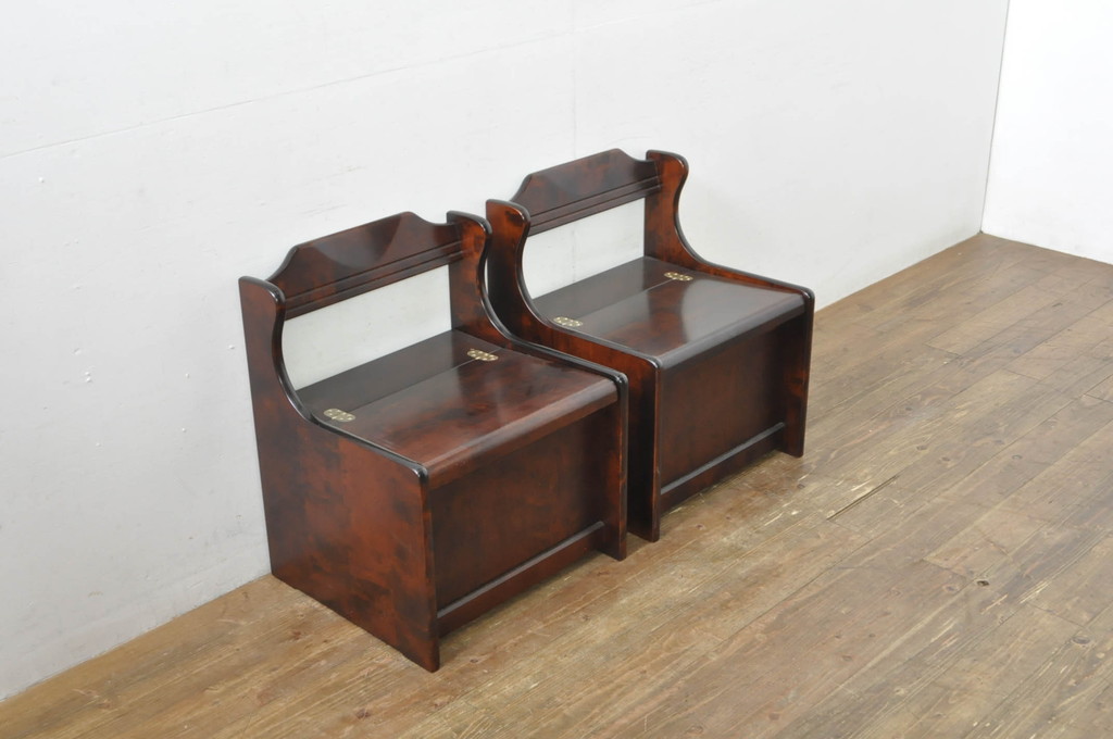 中古　美品　山室家具製作所　民芸家具　北の匠　木のぬくもりを感じる収納付きベンチ2脚セット(板座チェア、椅子、イス)(R-078101)
