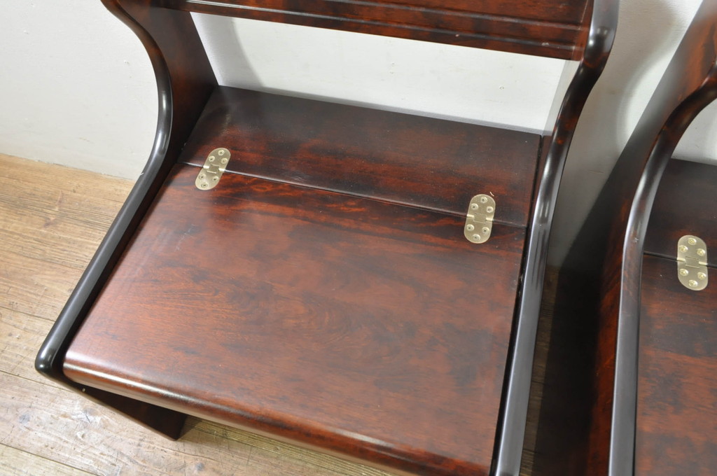 中古　美品　山室家具製作所　民芸家具　北の匠　木のぬくもりを感じる収納付きベンチ2脚セット(板座チェア、椅子、イス)(R-078101)