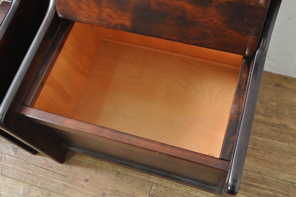 中古　美品　山室家具製作所　民芸家具　北の匠　木のぬくもりを感じる収納付きベンチ2脚セット(板座チェア、椅子、イス)(R-078101)