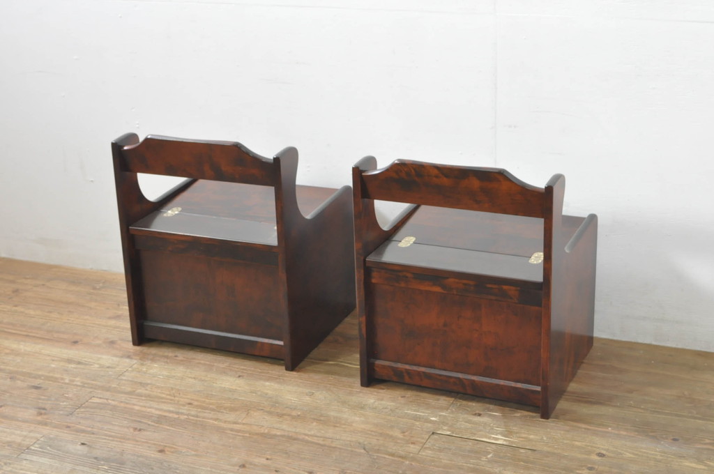 中古　美品　山室家具製作所　民芸家具　北の匠　木のぬくもりを感じる収納付きベンチ2脚セット(板座チェア、椅子、イス)(R-078101)