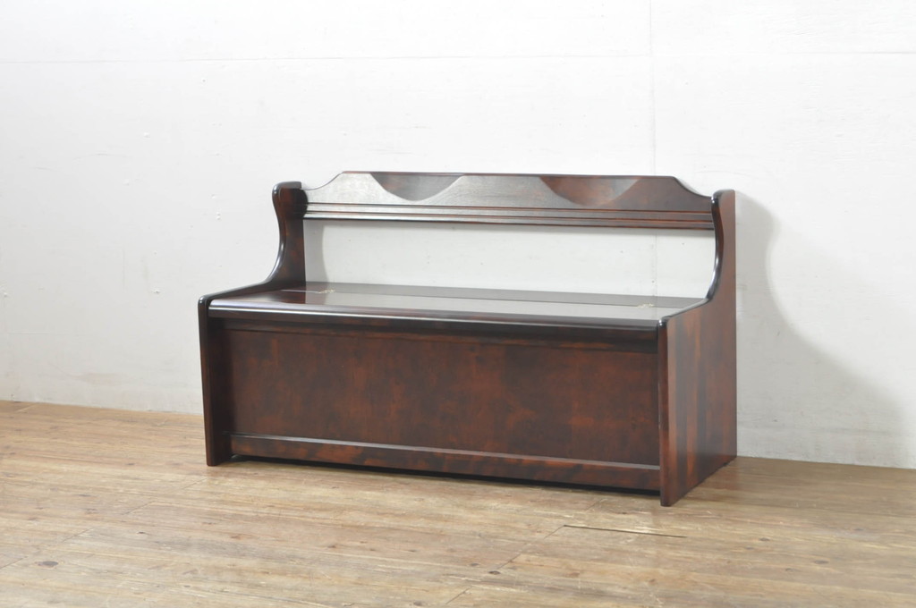 中古　美品　山室家具製作所　民芸家具　北の匠　木のぬくもりを感じる収納付きベンチ(板座チェア、長椅子、イス)(R-078102)