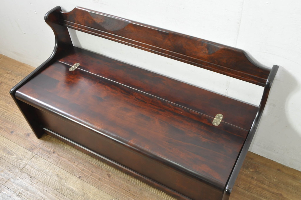 中古　美品　山室家具製作所　民芸家具　北の匠　木のぬくもりを感じる収納付きベンチ(板座チェア、長椅子、イス)(R-078102)