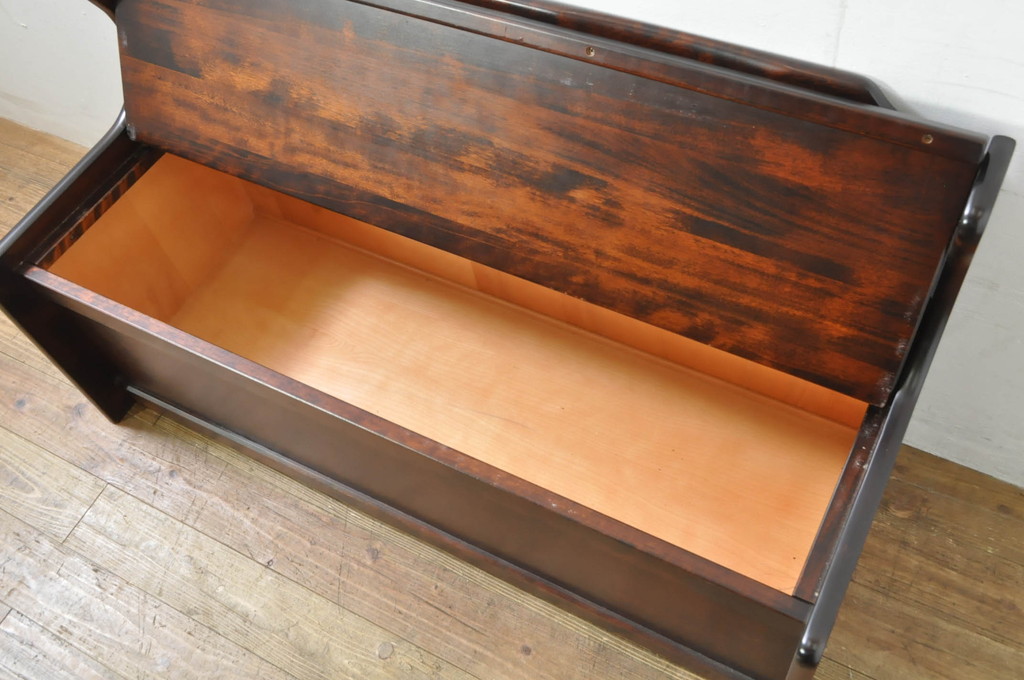 中古　美品　山室家具製作所　民芸家具　北の匠　木のぬくもりを感じる収納付きベンチ(板座チェア、長椅子、イス)(R-078102)