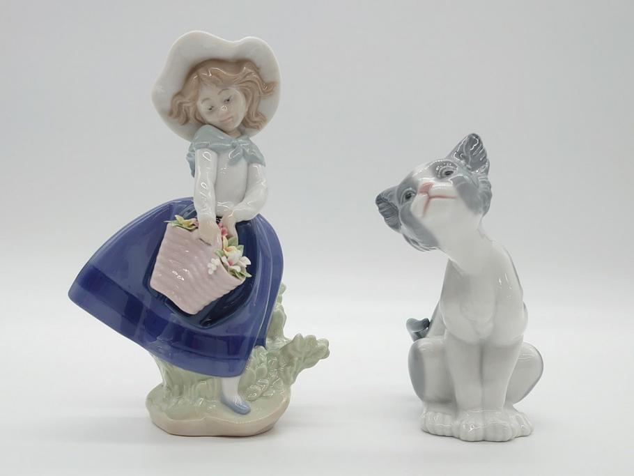 リヤドロ　LLADRO　首をかしげた愛らしい少女　しなやかなフォルムが美しい猫　花籠　リンダ　合計2点セット(フィギュリン、オブジェ、箱なし)(R-060672)